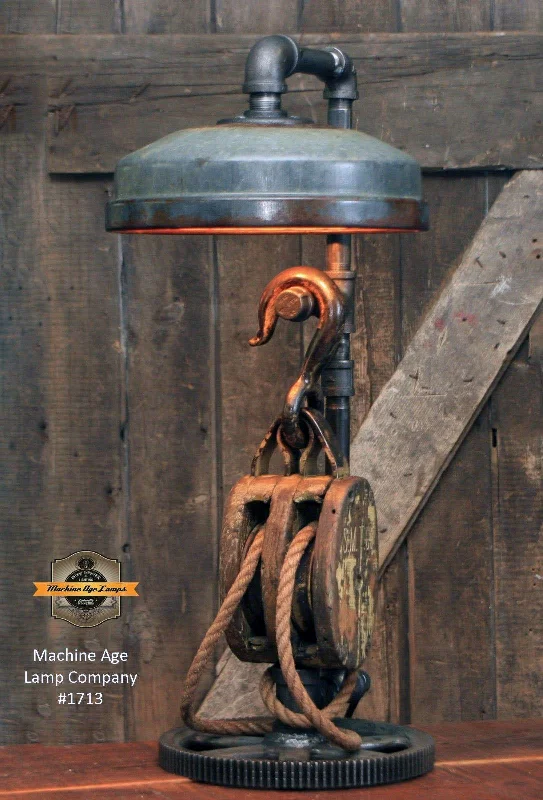 Industrial Pendant Lighting for Machine ShopsSteampunk Industrial / Farm / Antique Wood Block and Tackle / Gear / Feeder Shade / Lamp #1713 sold