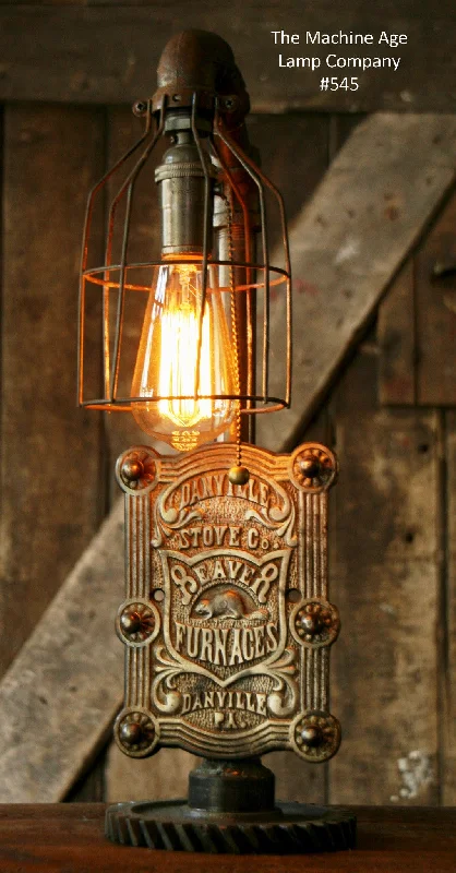 Industrial Task Lighting for Precision WorkstationsSteampunk Lamp, Antique Stove Door and Gear Base #545 - SOLD Industrial Task Lighting for Precision WorkstationsSteampunk Lamp, Antique Stove Door and Gear Base #545 - SOLD