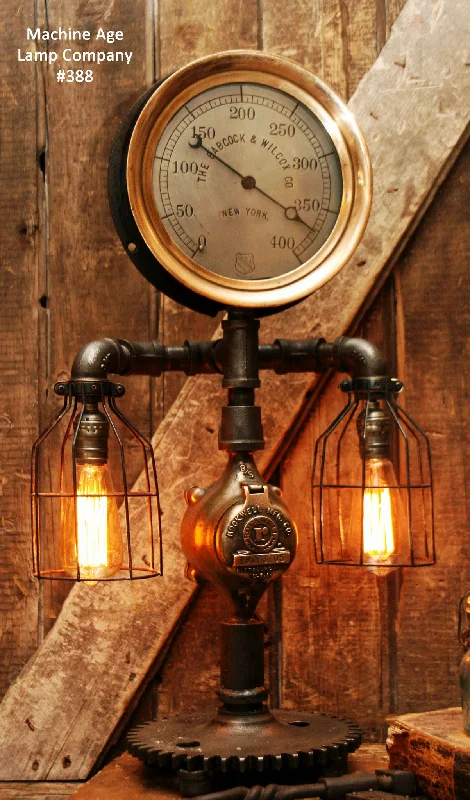 Industrial Exit Sign Lighting for Quick EvacuationSteampunk Lamp, Antique 10" Steam Gauge and Gear Base #388 - SOLD Industrial Exit Sign Lighting for Quick EvacuationSteampunk Lamp, Antique 10" Steam Gauge and Gear Base #388 - SOLD