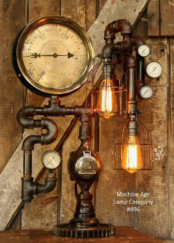 Energy - Efficient Industrial Lighting for Cost - SavingsSteampunk Lamp, Antique 10" Steam Gauge and Gear Base #496 - SOLD Energy - Efficient Industrial Lighting for Cost - SavingsSteampunk Lamp, Antique 10" Steam Gauge and Gear Base #496 - SOLD