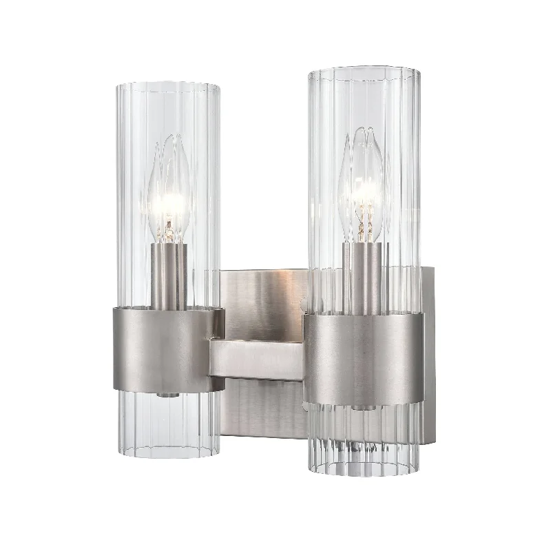 Industrial Lighting for Metal Fabrication Shops2 Lamps Caberton Vanity Light - Brushed Nickel - Clear Beveled Glass - 9in. Wide Industrial Lighting for Metal Fabrication Shops2 Lamps Caberton Vanity Light - Brushed Nickel - Clear Beveled Glass - 9in. Wide