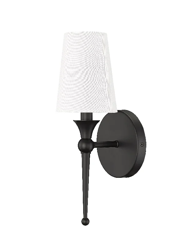 Industrial Lighting for Furniture FactoriesWall Sconce - Matte Black - White Linen Shade - 6in. Extension - E12 Candelabra Base Industrial Lighting for Furniture FactoriesWall Sconce - Matte Black - White Linen Shade - 6in. Extension - E12 Candelabra Base