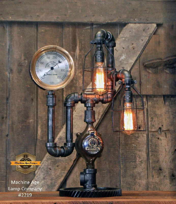 Industrial Exit Sign Lighting for Quick EvacuationSteampunk Industrial Machine Age Lamp Company / 6" Steam Gauge  / Gear Base  / Lamp #2219 Sold