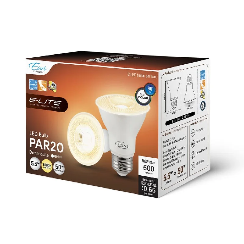 Dimmable Industrial Lighting for Ambiance Control5.5W PAR20 Dimmable LED Bulb - 40 Degrees Beam - E26 Medium Base - 500 Lm - 3000K  - 2-Pack