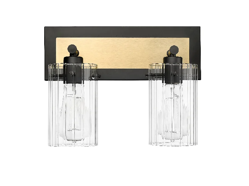 Industrial Lighting for Printing Press Facilities2 Lamps Gasol Vanity Light - Matte Black & Vintage Brass - Clear Ribbed Glass - 13in. Wide