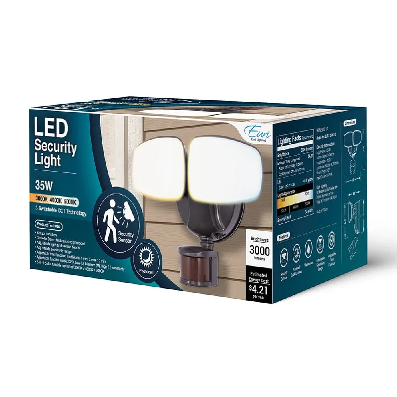 Dimmable Industrial Lighting for Ambiance Control35W Outdoor Dual-Head LED Flood Light - 3-CCT Selectable - 3000 Lm - Dusk to Dawn Photocell - Black