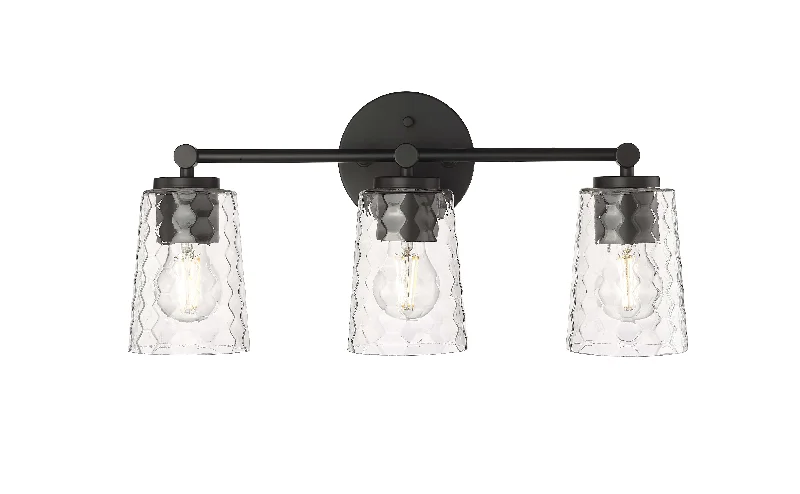 Industrial Exit Sign Lighting for Quick Evacuation3 Lamps Ashli Vanity Light - Matte Black - Clear Honeycomb Glass - 20in. Wide