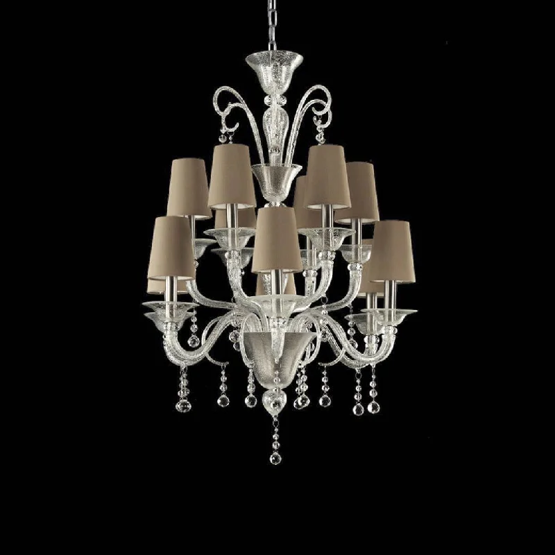 Victorian - Inspired Chandeliers with Ornate Details12 Light Luxury Chandelier with Silver Leaf and Dove-Coloured Lampshades