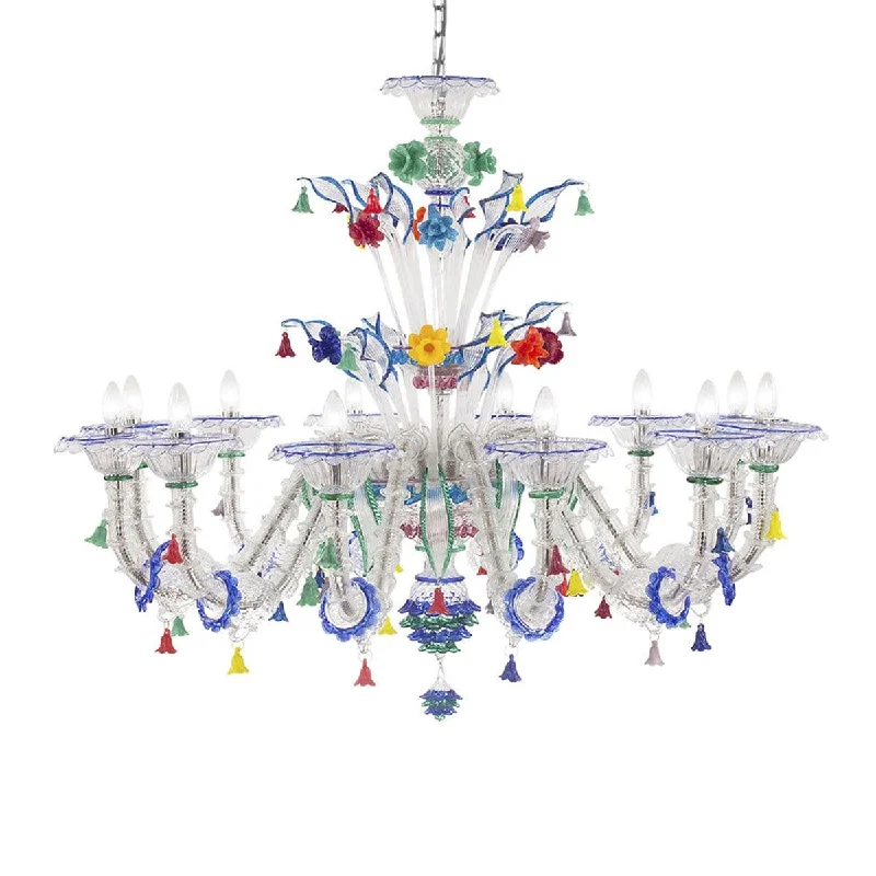 Chandeliers with Colored Glass for a Splash of Color12 Light Rezzonico Chandelier with Blue Trim and Floral Details