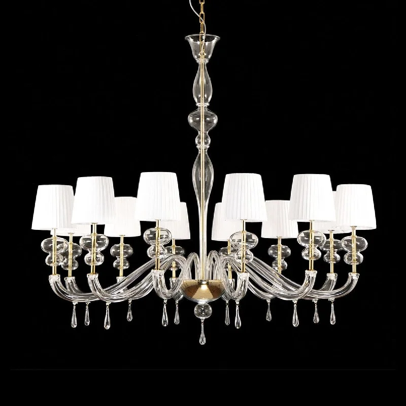 Chandeliers with Adjustable Height for Custom Installation12 Light Transparent Glass Chandelier with White Lampshades