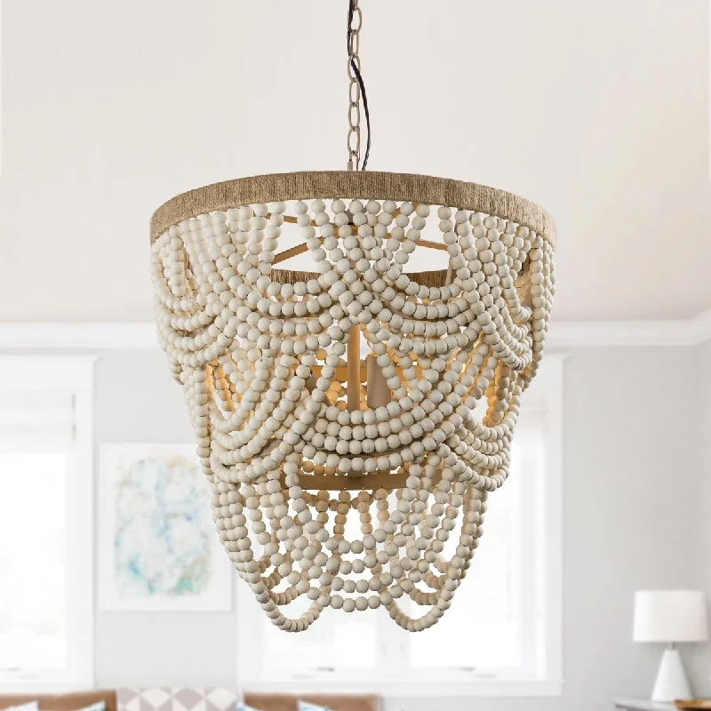 Chandeliers with Metal Frames in Copper Finish19.7" Bohemian Layered Wood Beads Basket Chandelier Light