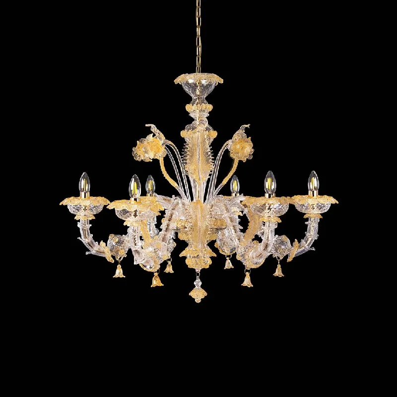 Chandeliers with Candle - Style Bulbs for a Classic Aesthetic6 Light Classic Rezzonico Style Crystal and Amber Murano Glass Chandelier Chandeliers with Candle - Style Bulbs for a Classic Aesthetic6 Light Classic Rezzonico Style Crystal and Amber Murano Glass Chandelier