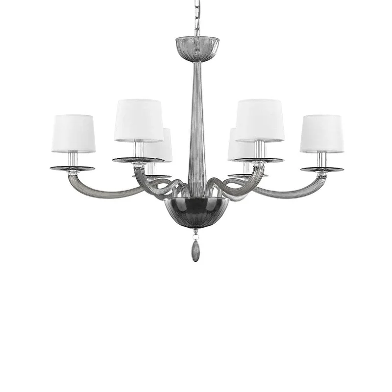 Chandeliers with Frosted Glass for a Softer Light Diffusion6 Light Smoke Grey Murano Glass Chandelier with White Lampshades