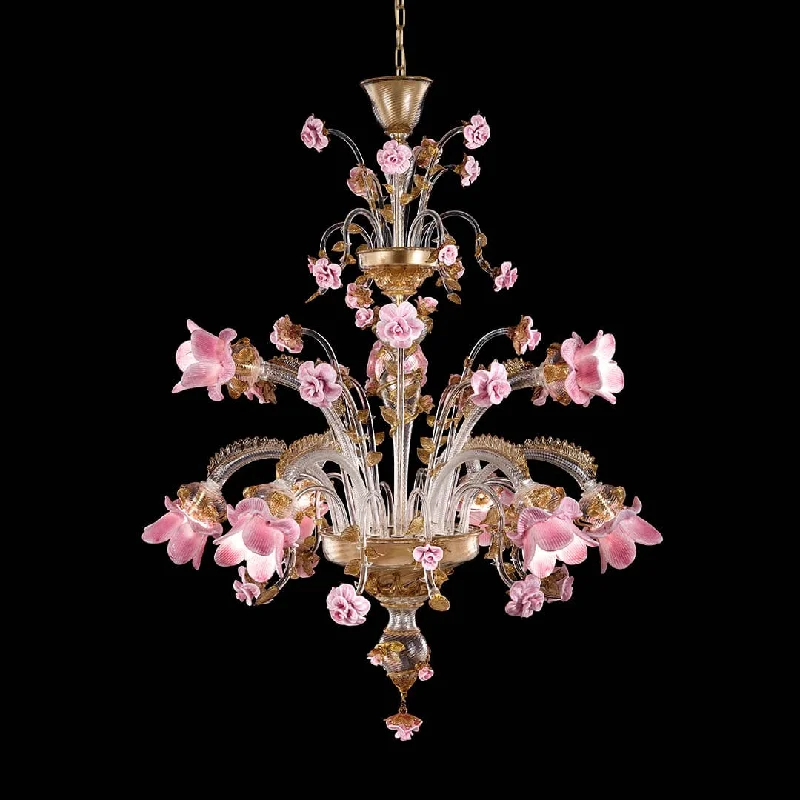 Chandeliers with Metal Frames in Gold FinishVenetian 2 Tier Glass Chandelier With Floral Pink Glass Elements