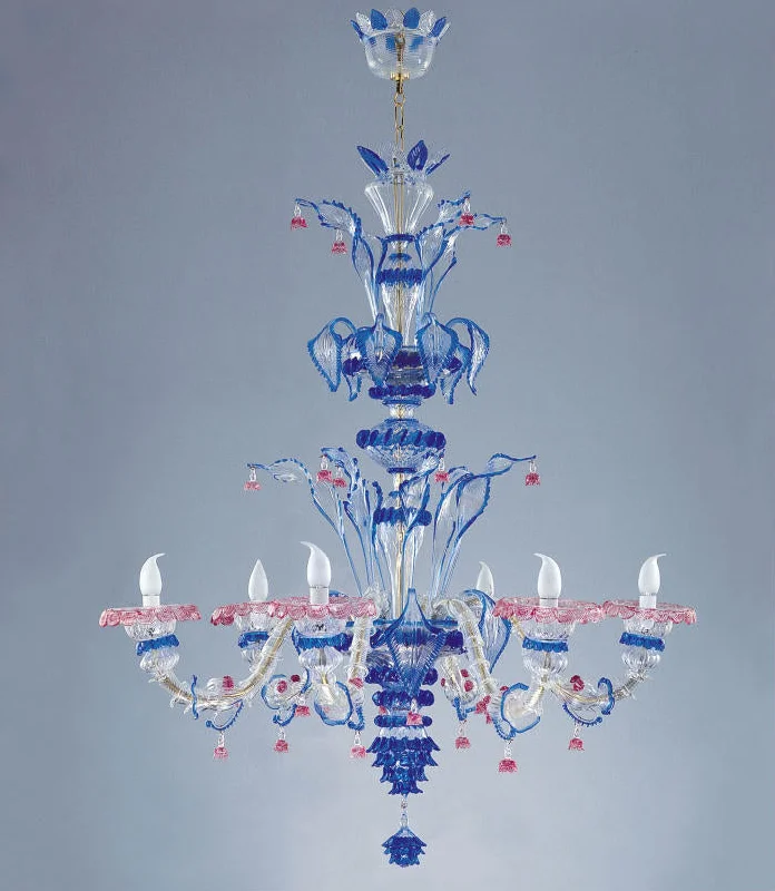 Large Chandeliers for Grand Halls and FoyersBlue Rezzonico Style 6 Light Murano Glass Chandelier