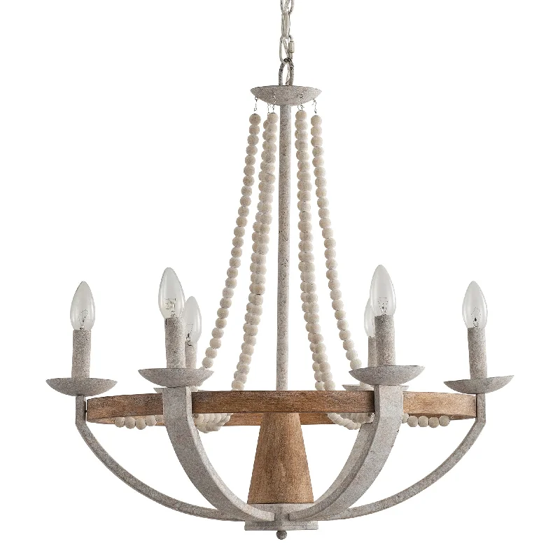 Chandeliers with Adjustable Arms for Directional LightingCoastal Distressed White Wood Beaded 6-Light Chandelier for Dining Room
