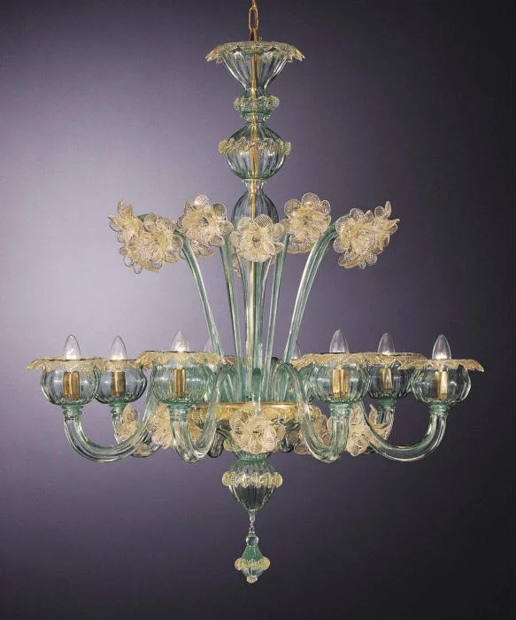 Chandeliers with Metal Frames in Gold FinishHandblown Green And Gold Murano Glass Chandelier With 8 Lights Chandeliers with Metal Frames in Gold FinishHandblown Green And Gold Murano Glass Chandelier With 8 Lights