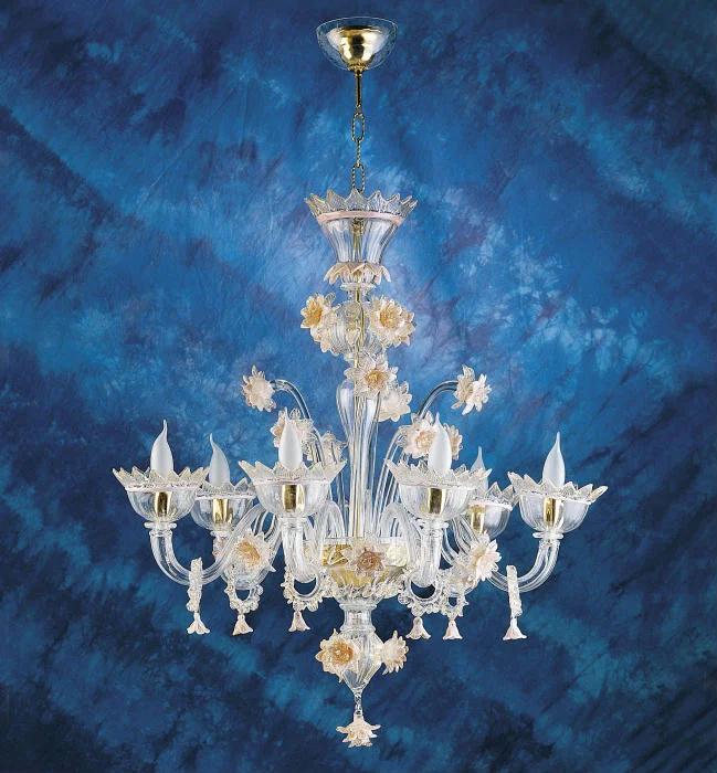 Mid - Century Modern Chandeliers for Vintage AppealMurano Glass 6 Light Chandelier With Gold Flowers & Pink Trim