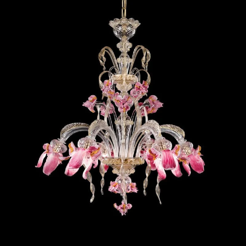 Chandeliers with Frosted Glass for a Softer Light DiffusionMurano Glass Chandelier with 6 Light, Clear, Gold, and Pink