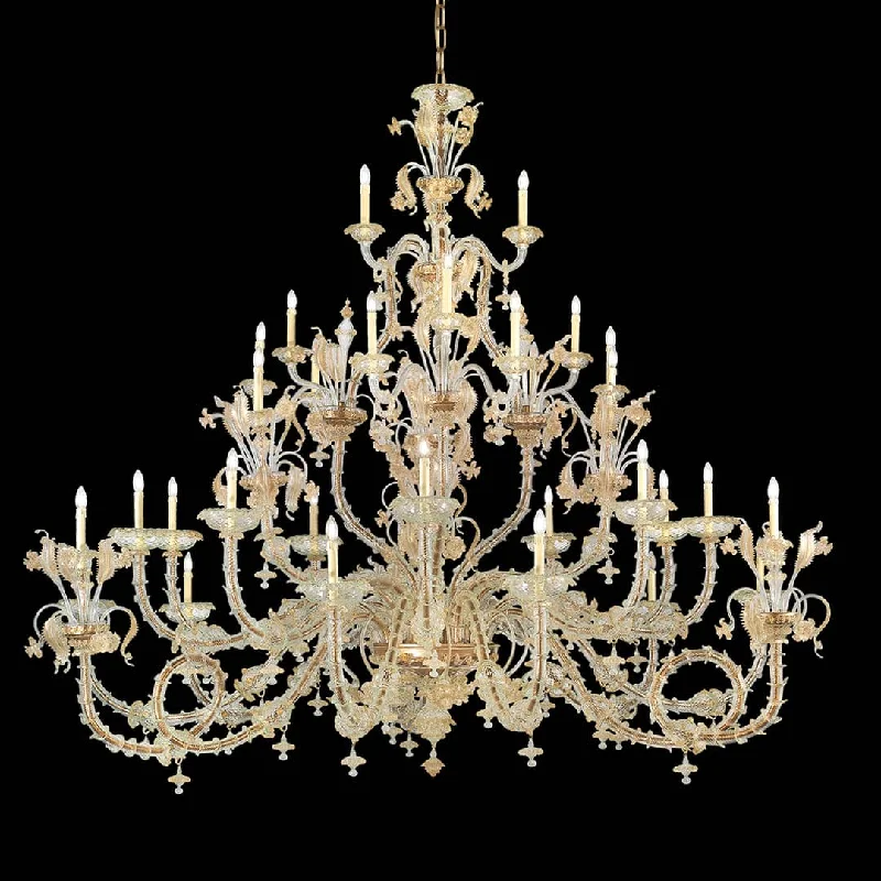 Chandeliers with Adjustable Arms for Directional LightingRezzonico Style Chandelier with 18+9+6 Lights in Crystal and Gold Murano Glass Chandeliers with Adjustable Arms for Directional LightingRezzonico Style Chandelier with 18+9+6 Lights in Crystal and Gold Murano Glass