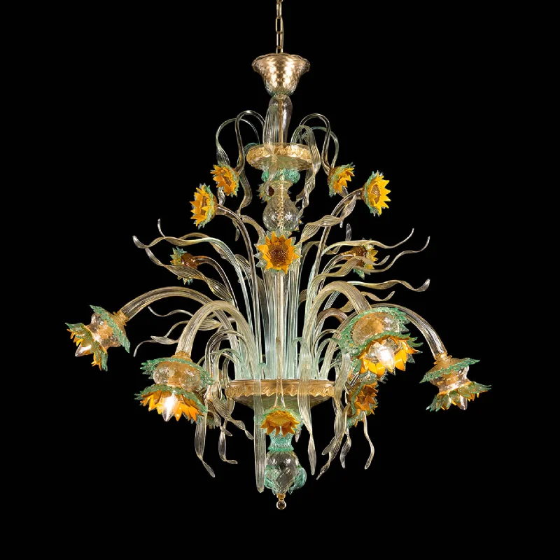 Incandescent Chandeliers for a Warm and Traditional GlowYellow, Green & Clear Murano Glass Chandelier With Sunflowers Incandescent Chandeliers for a Warm and Traditional GlowYellow, Green & Clear Murano Glass Chandelier With Sunflowers