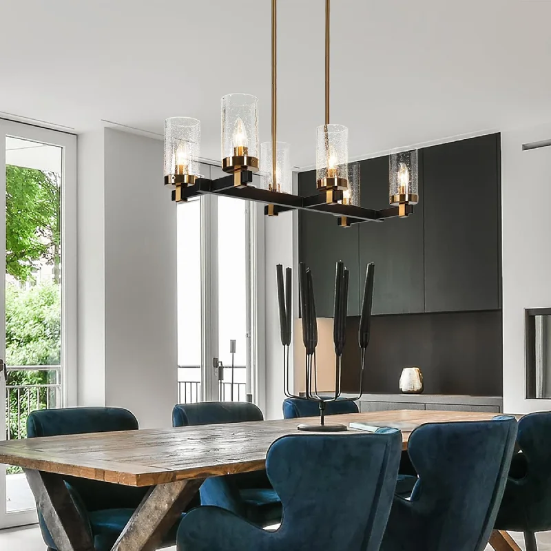 French Country Chandeliers with a Romantic AuraYilia Modern Farmhouse 6-Light Black Gold Chandelier Linear Island Lights for Dining Room