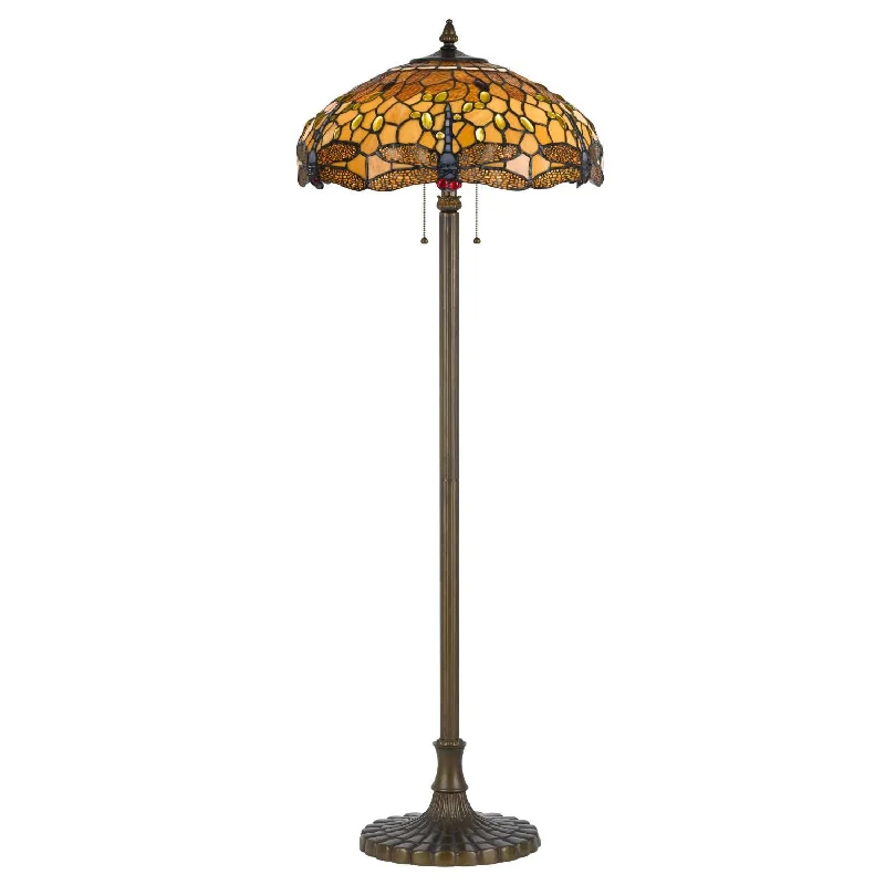 Adjustable Height Floor Lamp for Versatile Lighting Needs2 Bulb Tiffany Floor Lamp With Dragonfly Design Shade, Multicolor By Benzara Adjustable Height Floor Lamp for Versatile Lighting Needs2 Bulb Tiffany Floor Lamp With Dragonfly Design Shade, Multicolor By Benzara