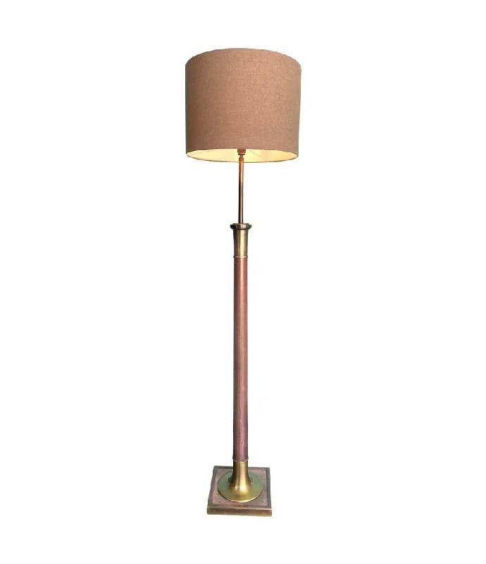 Rustic Farmhouse Style Floor Lamp for Cozy BedroomsA large 1950s Spanish wooden and brass floor lamp with bespoke natural linen drum shade Rustic Farmhouse Style Floor Lamp for Cozy BedroomsA large 1950s Spanish wooden and brass floor lamp with bespoke natural linen drum shade