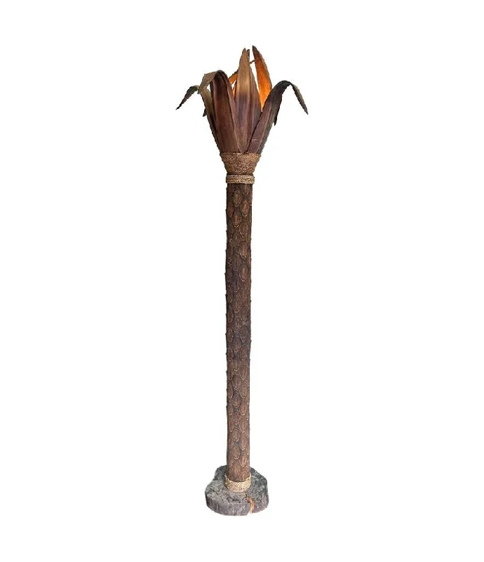 Bohemian Inspired Floor Lamp for Eclectic Home DecorAn unusual palm tree floor lamp with real palm trunk, wooden base and wooden shaped leaves Bohemian Inspired Floor Lamp for Eclectic Home DecorAn unusual palm tree floor lamp with real palm trunk, wooden base and wooden shaped leaves