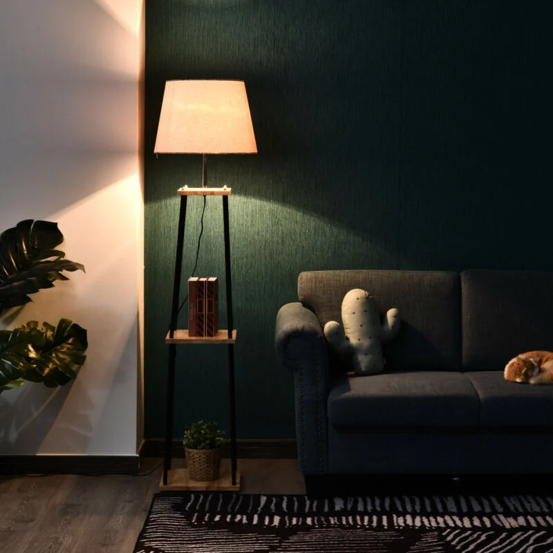 Smart Floor Lamp with Voice Control and Bluetooth ConnectivityTripod Floor Lamp with 3-Tier in Oak & White Smart Floor Lamp with Voice Control and Bluetooth ConnectivityTripod Floor Lamp with 3-Tier in Oak & White