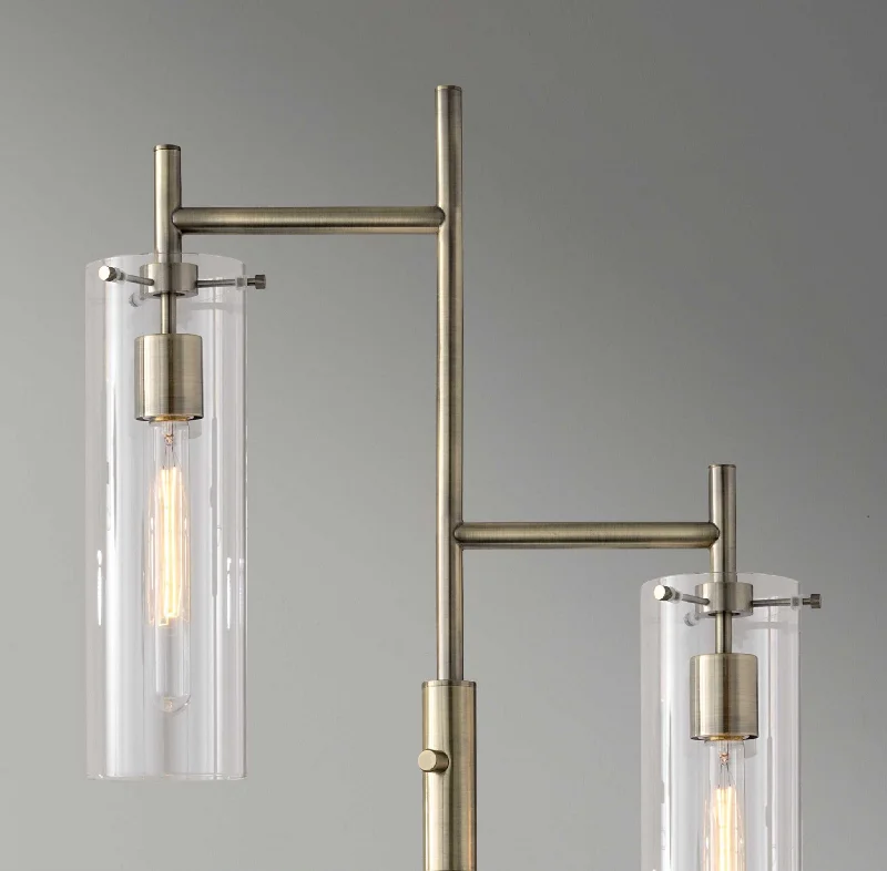Glass Floor Lamp with Frosted Shades for Soft Diffused LightTwo Light Modern Floor Lamp Clear Glass Cylinder Shade with Vintage Filament Bulb Antique Brass Metal Pole By Homeroots