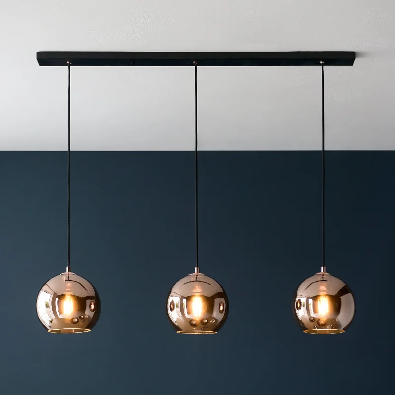 Gothic Ceiling Lights with Dark Metalwork and Pointed ArchesEndon Boli 3lt Bar Pendant Copper Mirrored Glass