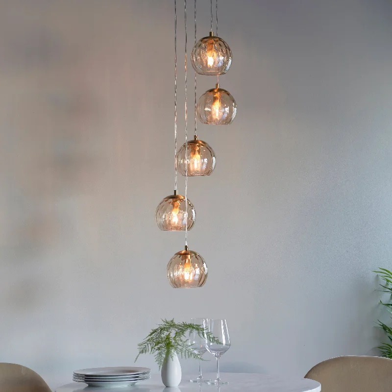 Japanese - Inspired Ceiling Lights with Shoji - Screen - like DiffusersEndon Dimple 5lt Cluster Pendant Satin Brass Japanese - Inspired Ceiling Lights with Shoji - Screen - like DiffusersEndon Dimple 5lt Cluster Pendant Satin Brass